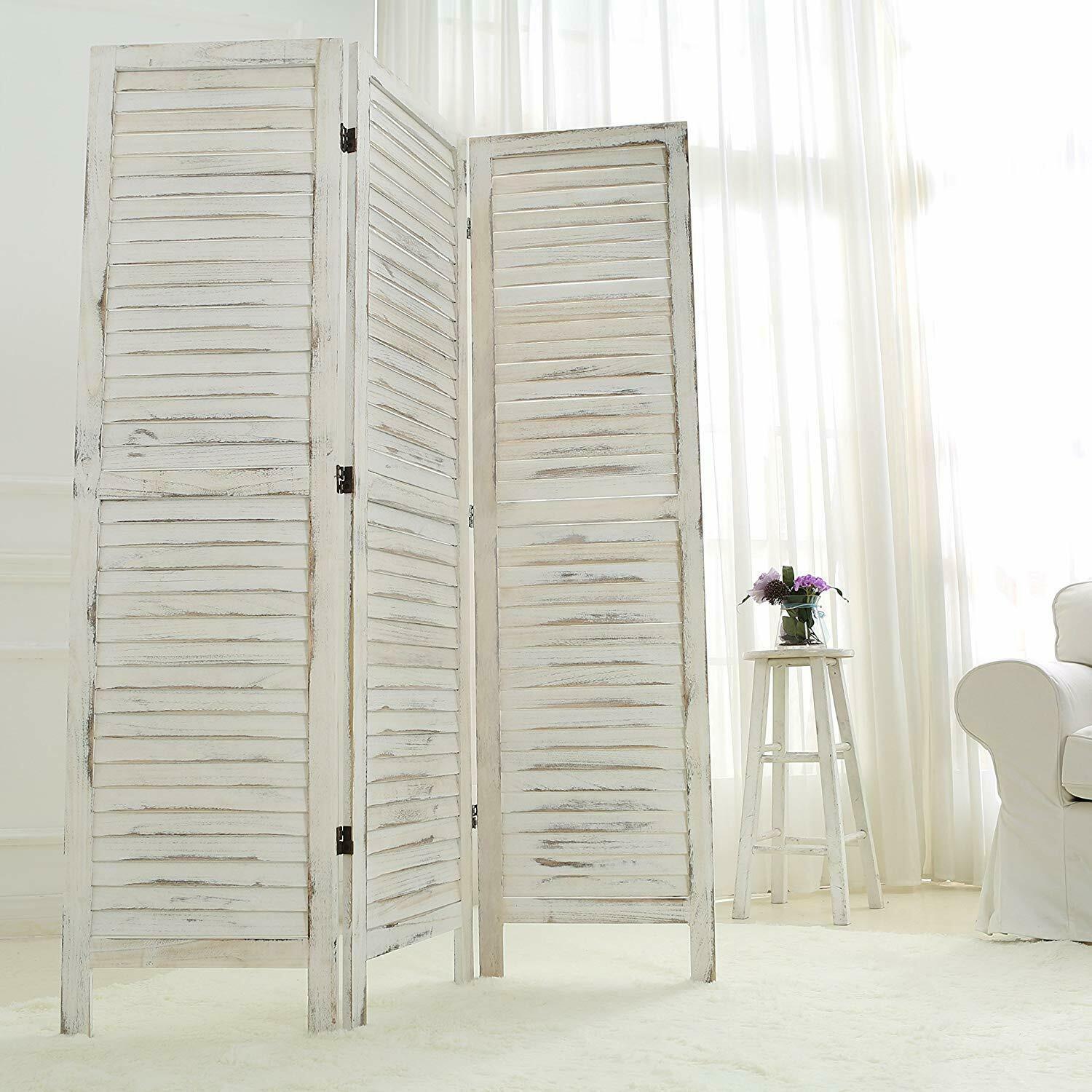 Shabby Chic Room Divider Distressed Wood Folding Louvered Three Panel