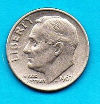 1967 Roosevelt Dime - Circulated Minimum Wear - About XF - $0.10