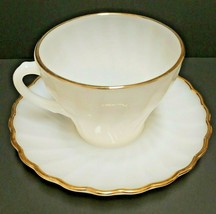 Vintage Fire King Milk Glass Gold Trim Coffee Cup &amp; Saucer Made In The USA - $18.69