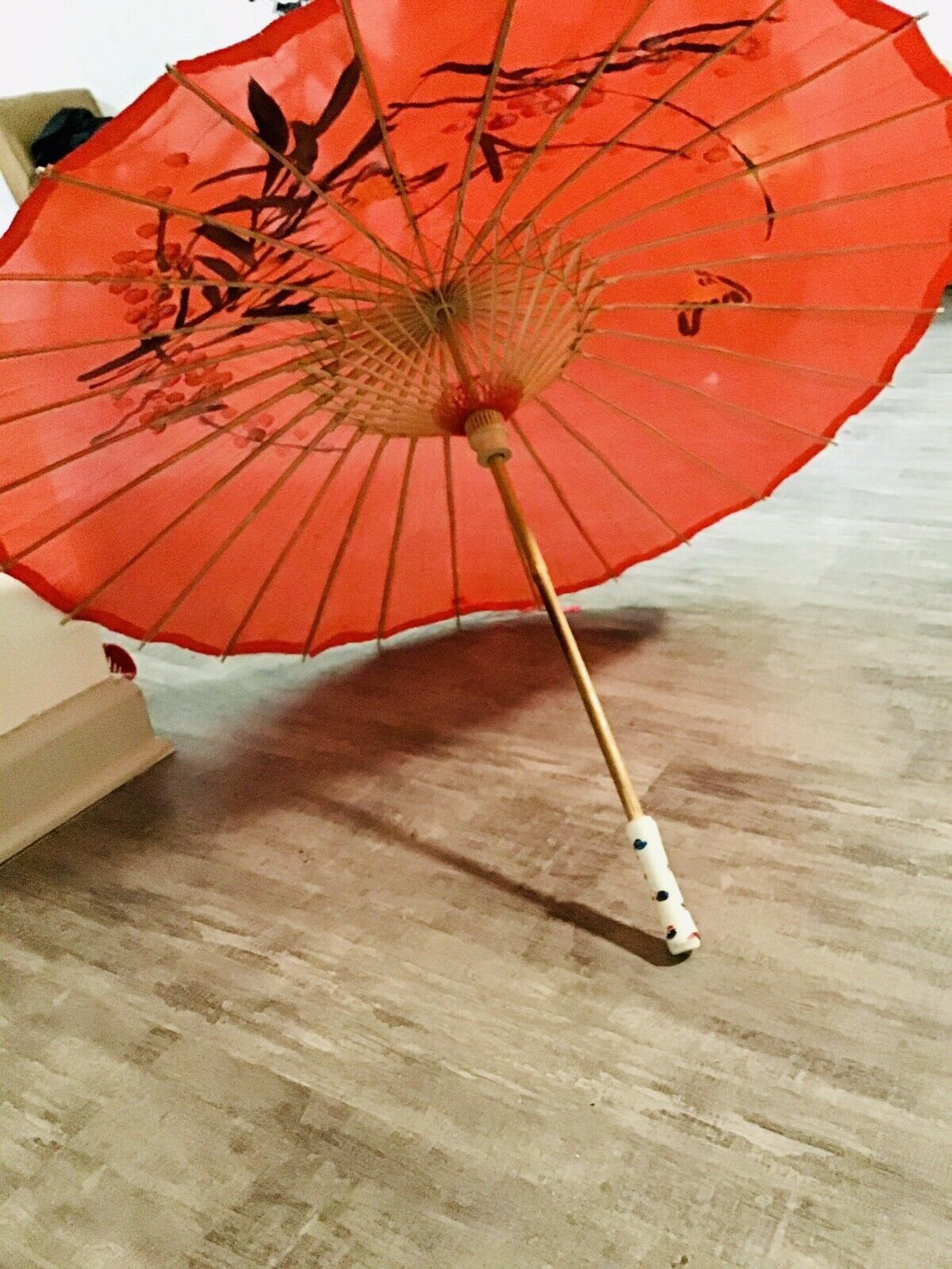 Vintage Japanese Oriental Bamboo Parasol Umbrella Hand painted Flowers