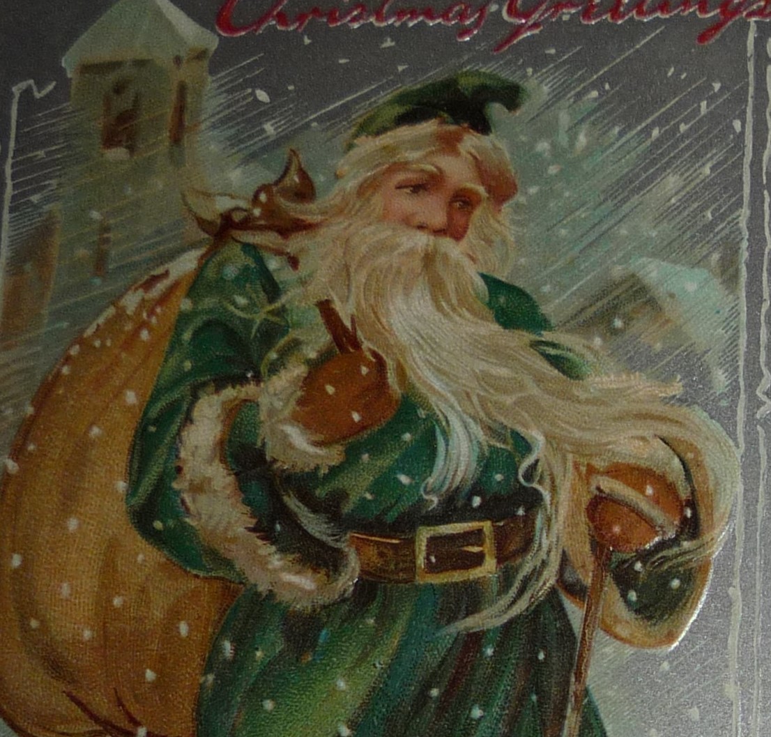 Primary image for Santa Claus in Green Coat With Walking Stick & Sack Antique Christmas Postcard