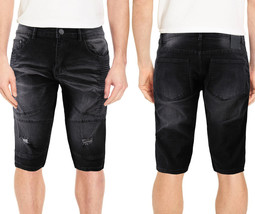 Men's Moto Quilt Distressed Jean Faded Wash Black Denim Shorts Slim Fit