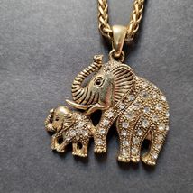 Elephant Necklace with Rhinestones, Mother and Baby, Gold Tone Vintage image 4