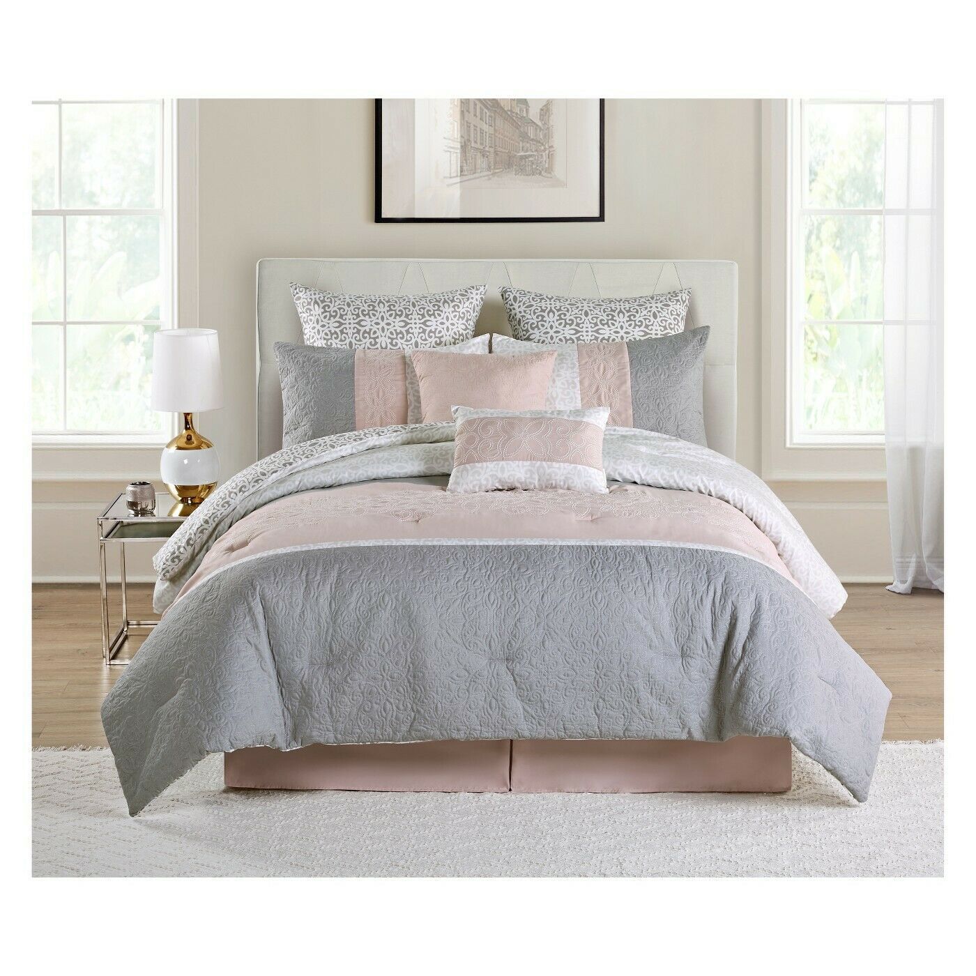 New VCNY Cordelia 7 Piece King Comforter & Sham Pillow Bed Set Blush