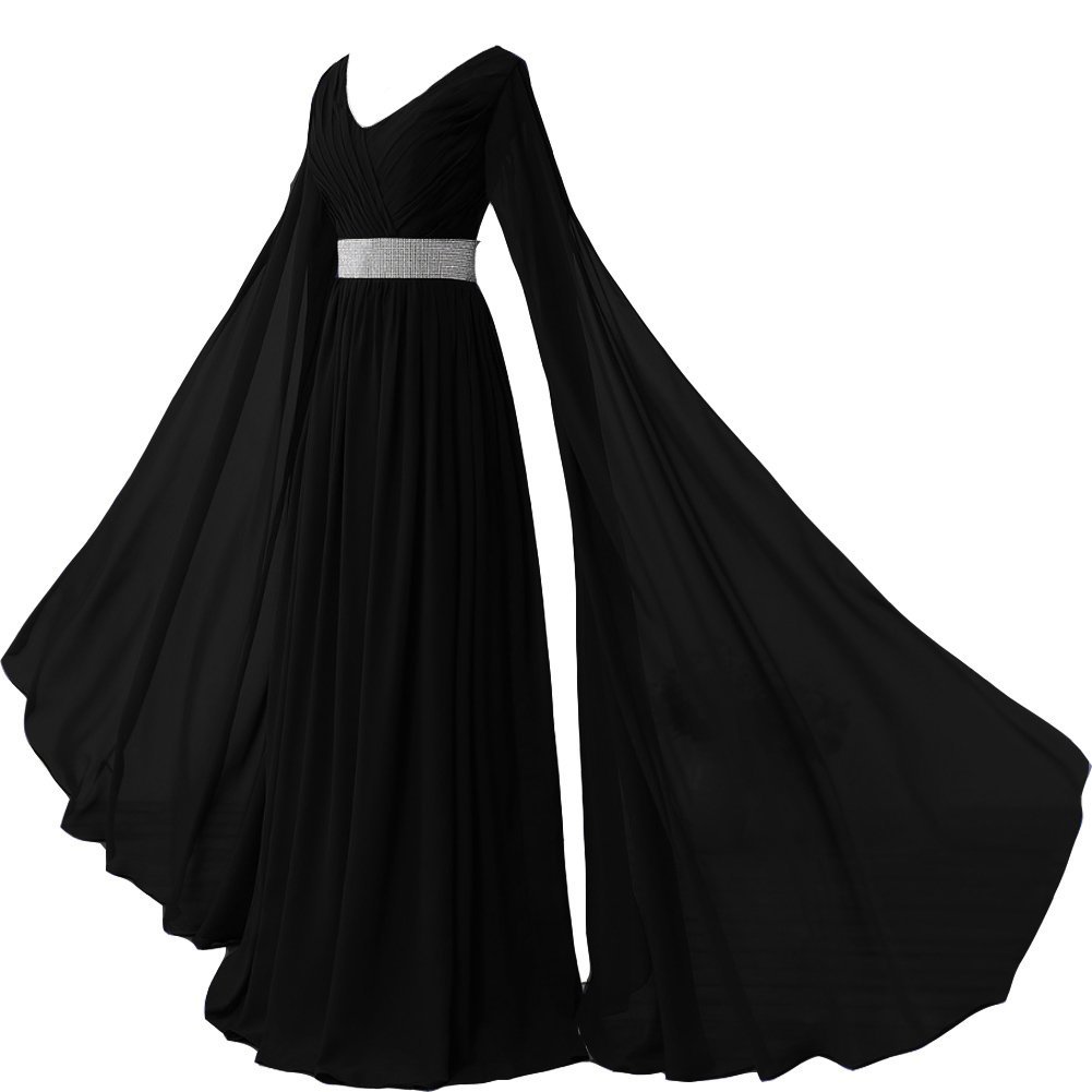 Kivary V Neck Long Sleeves Chiffon Goddess Prom Vintage Evening Dresses Black US