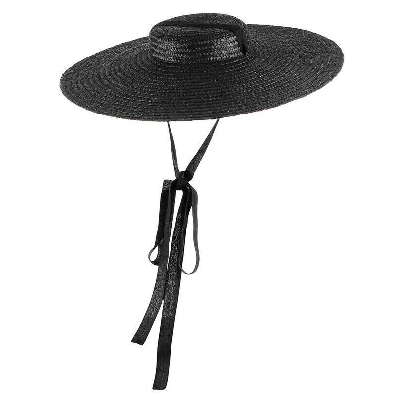 Color Wide Brim Flat Top Straw Hat Summer Hats Women Ribbon Beach Cap Boater