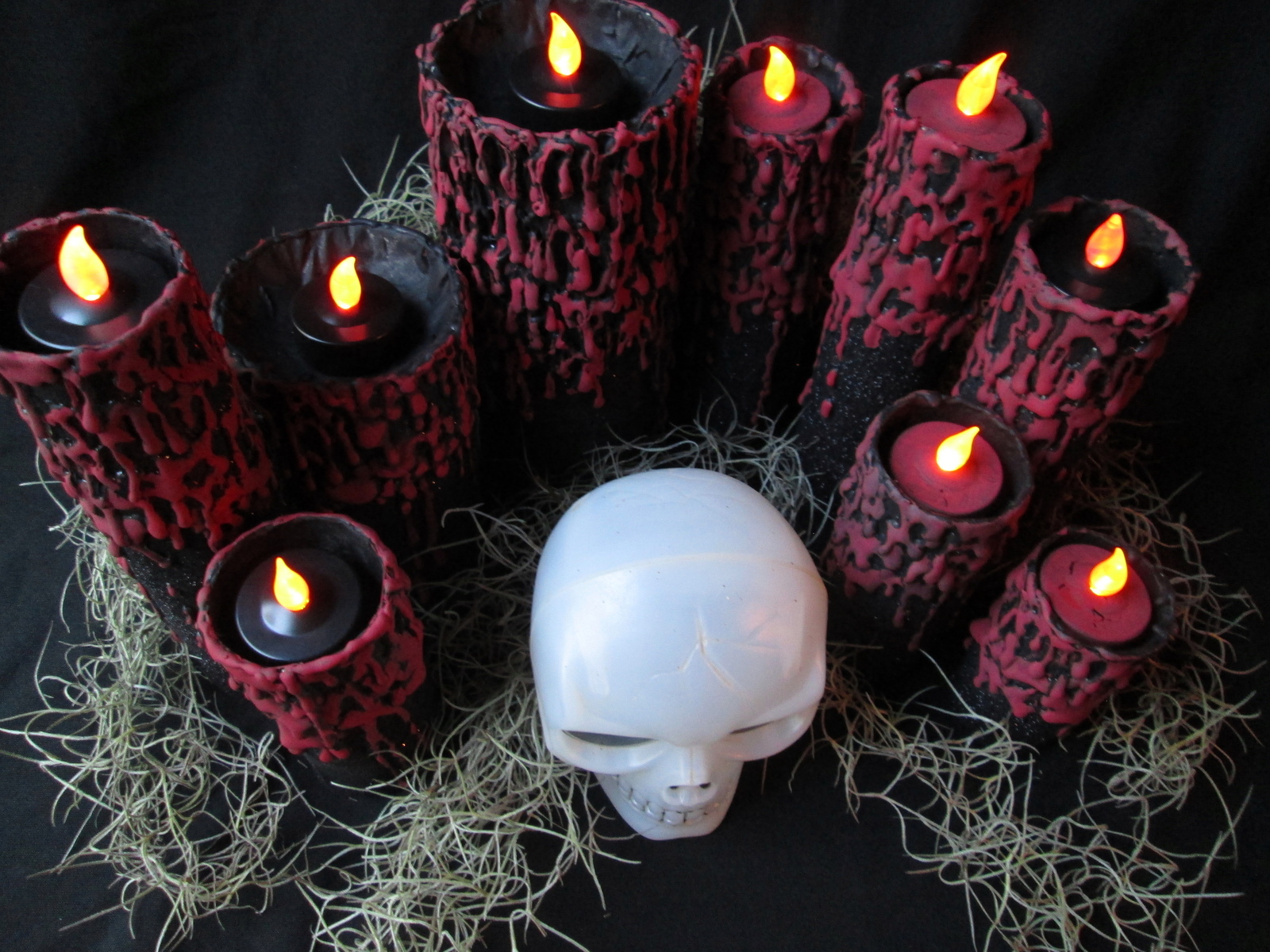 Halloween Flameless Blood Drip Black Glitter Candles Set Display w