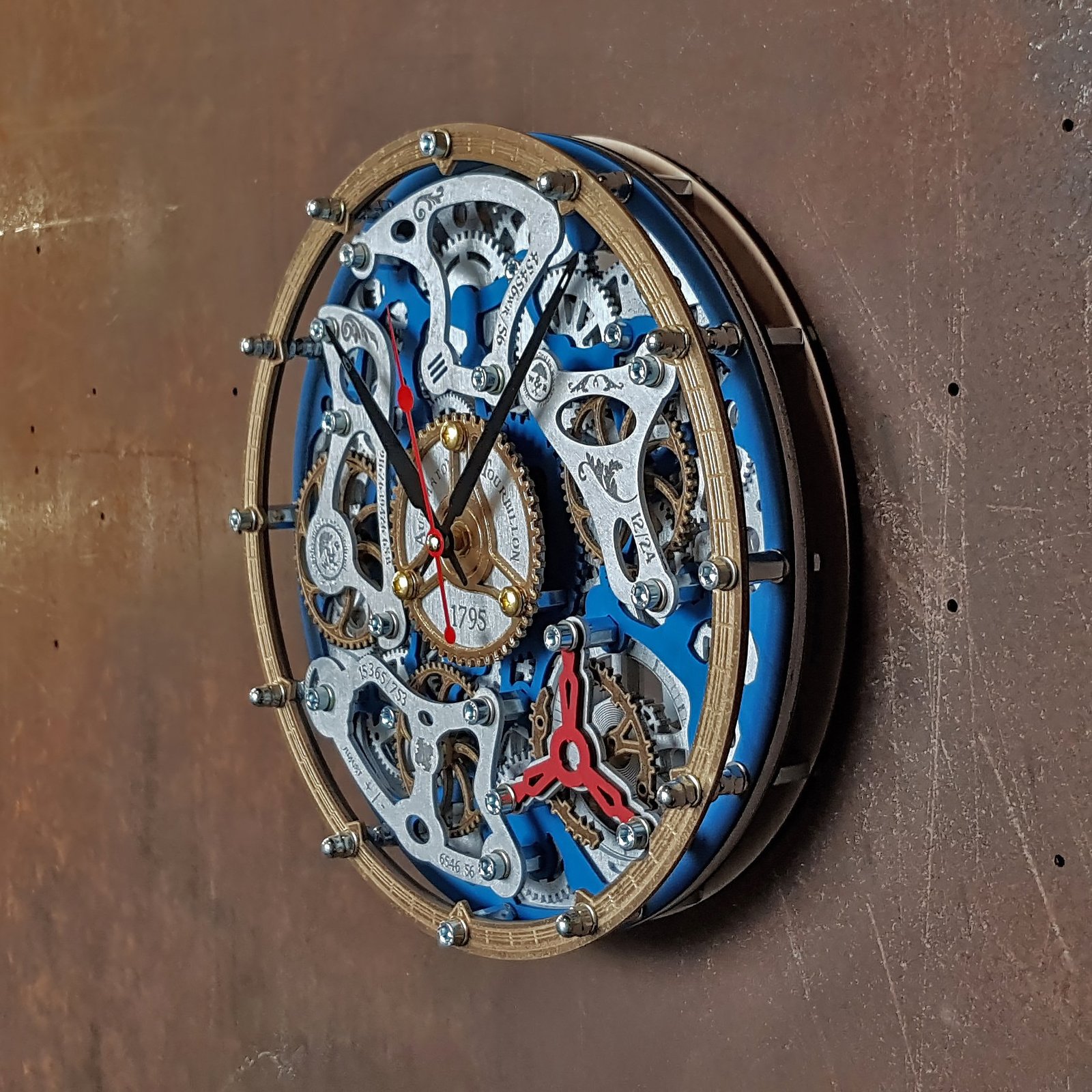 Automaton Tourbillon Blue Wall Clock Handcrafted Steampunk Moving Gears