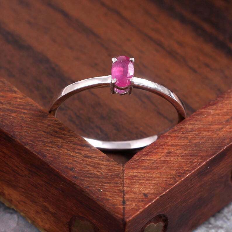 Silver Ruby Dainty Ring 4x6 mm oval Ruby Stacking Ring 0.6 Ct Ruby StackableRing