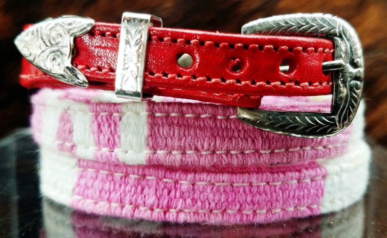 HATBAND PINK & WHITE w/ RED LEATHER Ends & Buckle Western Cowboy Hat Band - $19.99