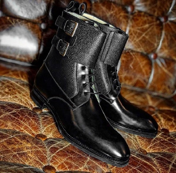New Men Handmade Black Pebbled Leather Buckle Lace Up Ankle High Boots for Men's