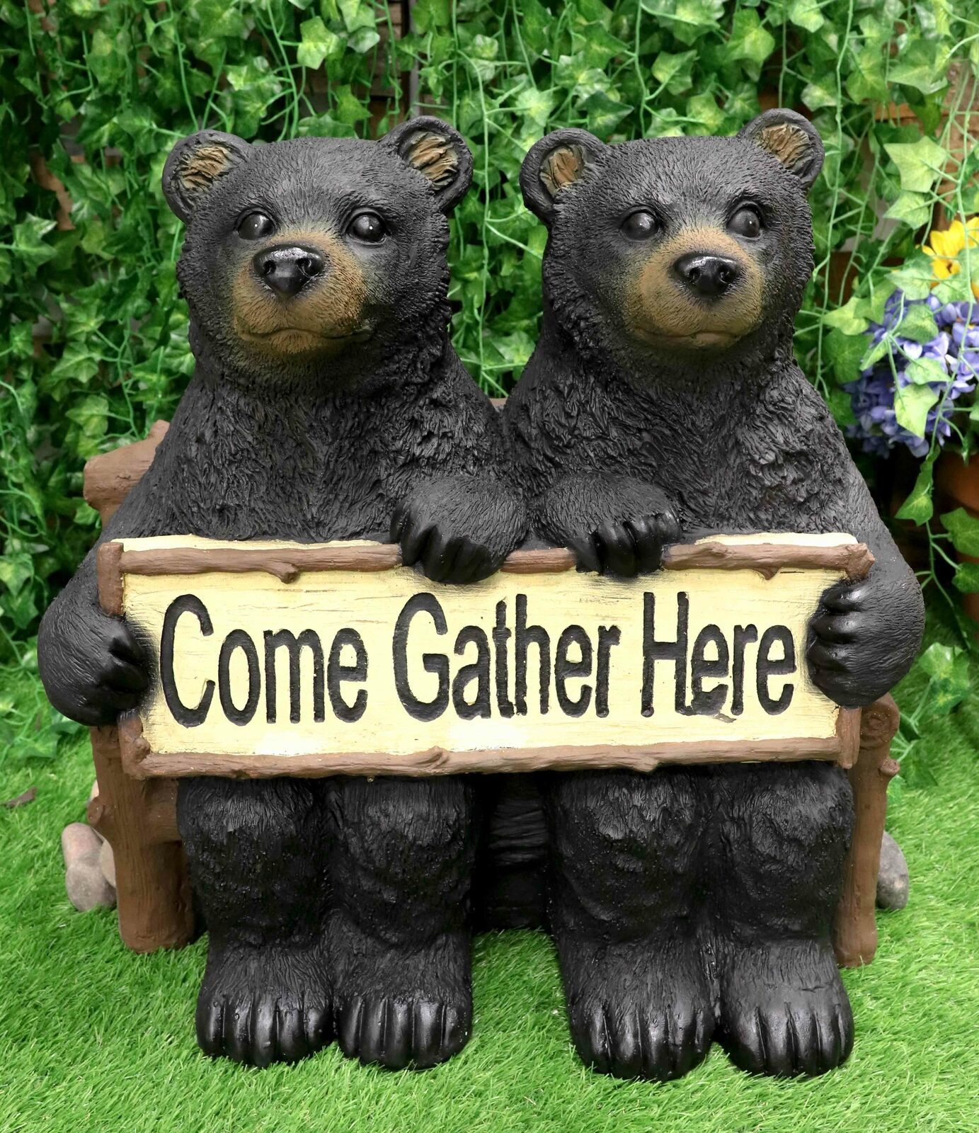 Large 21L Rustic Forest Twin Black Bears On Park Bench Holding Sign Statue