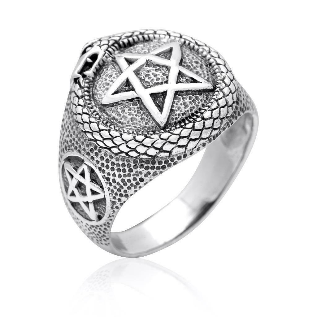 925 Sterling Silver Ouroboros Snake Serpent Eating Tail Pentagram Masonic Ring - Rings