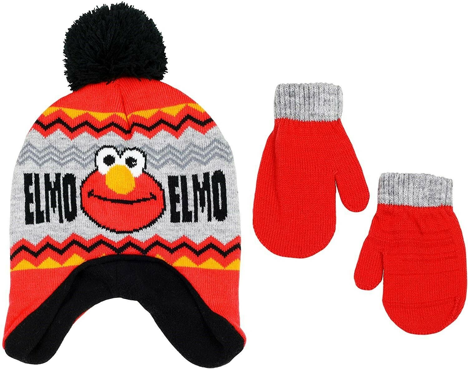 Elmo sesame street fleece lined peruvian hat and mittens set w/pompom
