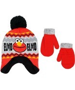 Elmo sesame street fleece lined peruvian hat and mittens set w/pompom - $15.78