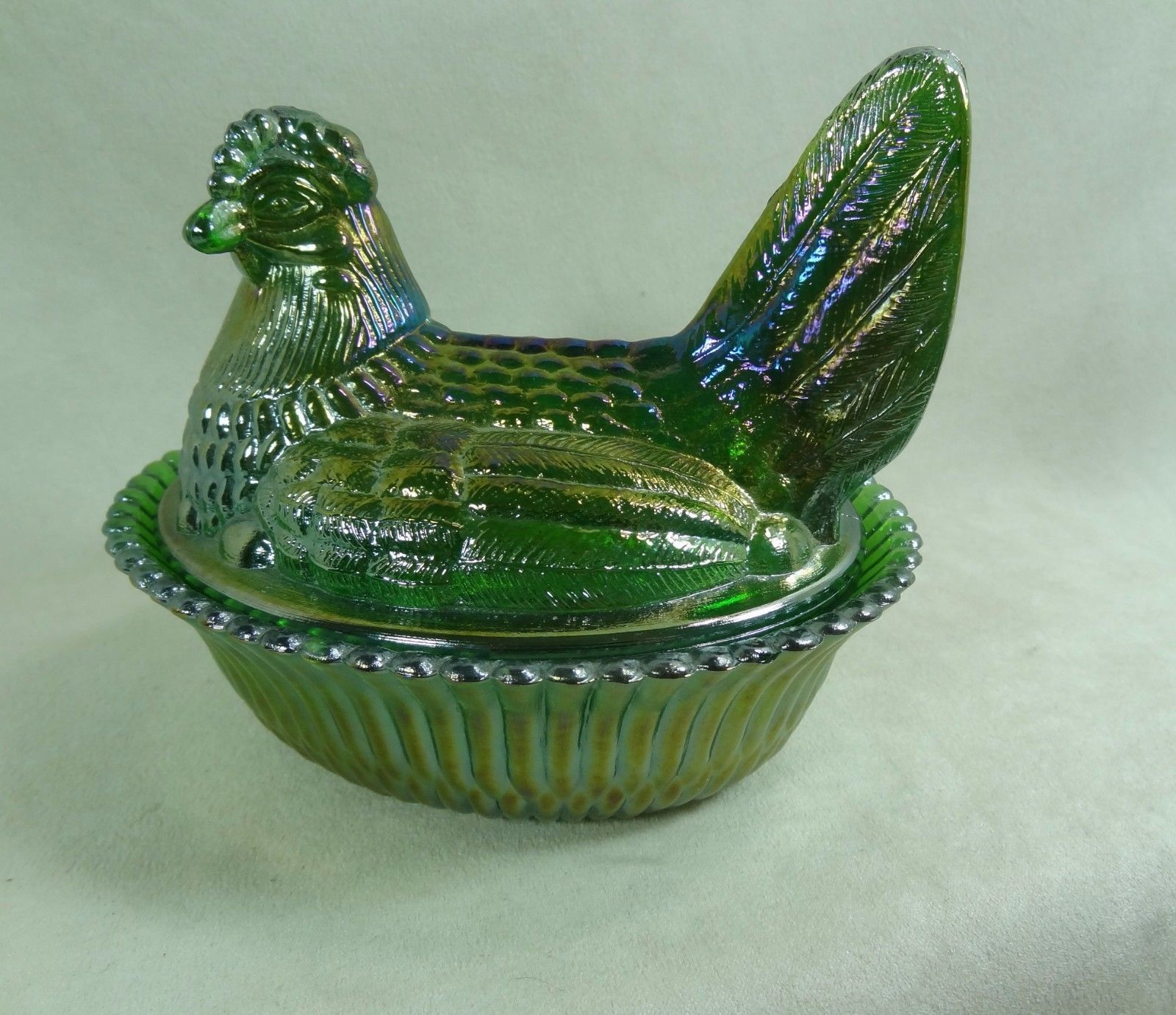 Boyd 5" Hen on Ribbed Nest Lime Carnival Glass Chicken Candy Dish 4/23/1990 Boyd