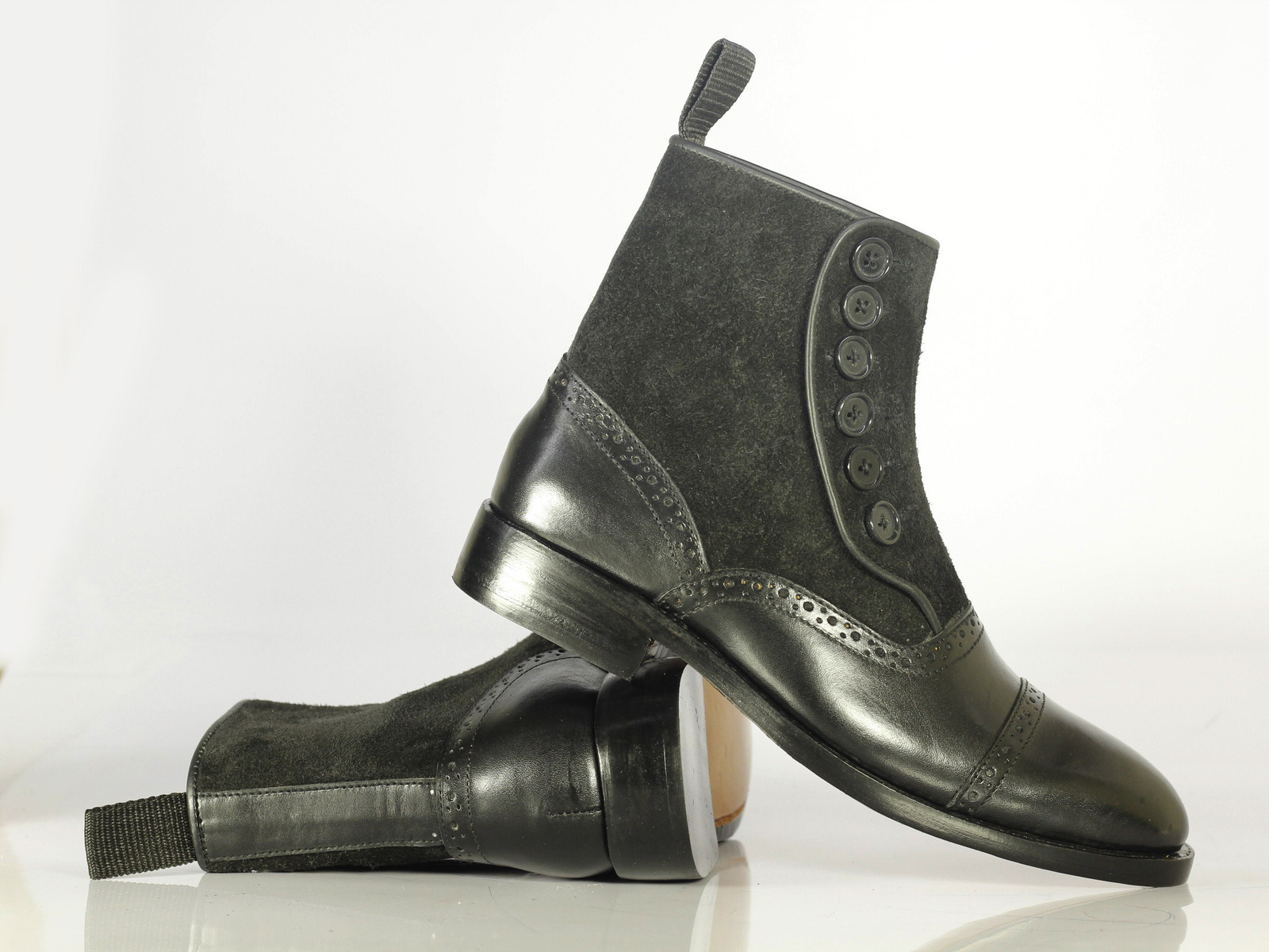 Designer Handmade Men's Black Cap Toe Boots, Men Leather Suede Button Boots
