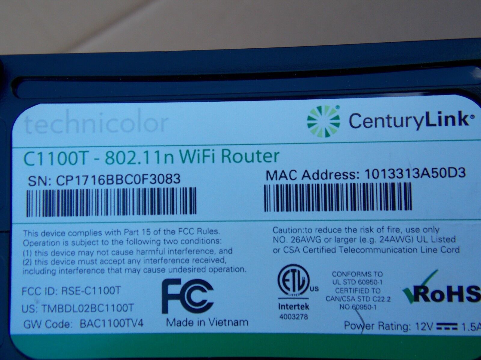 Centurylink Technicolor C1100T DSL VDSL2 Modem w/802.11n WiFi Router