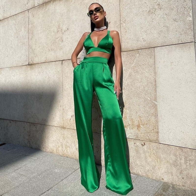 New green two-piece silky satin set crop top bralette and wide leg women pants
