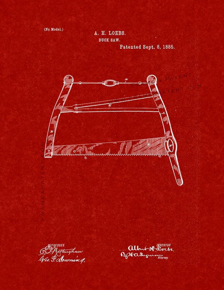 Buck Saw Patent Print - Burgundy Red