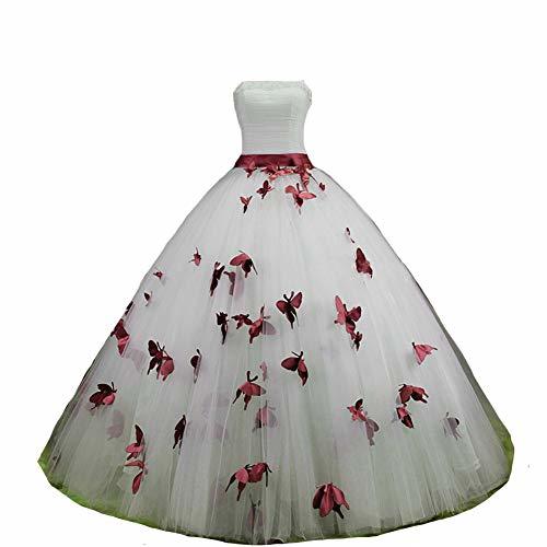 Ball Gown Butterfly Pearls Long Prom Formal Wedding Dress 12 Ivory and Burgundy