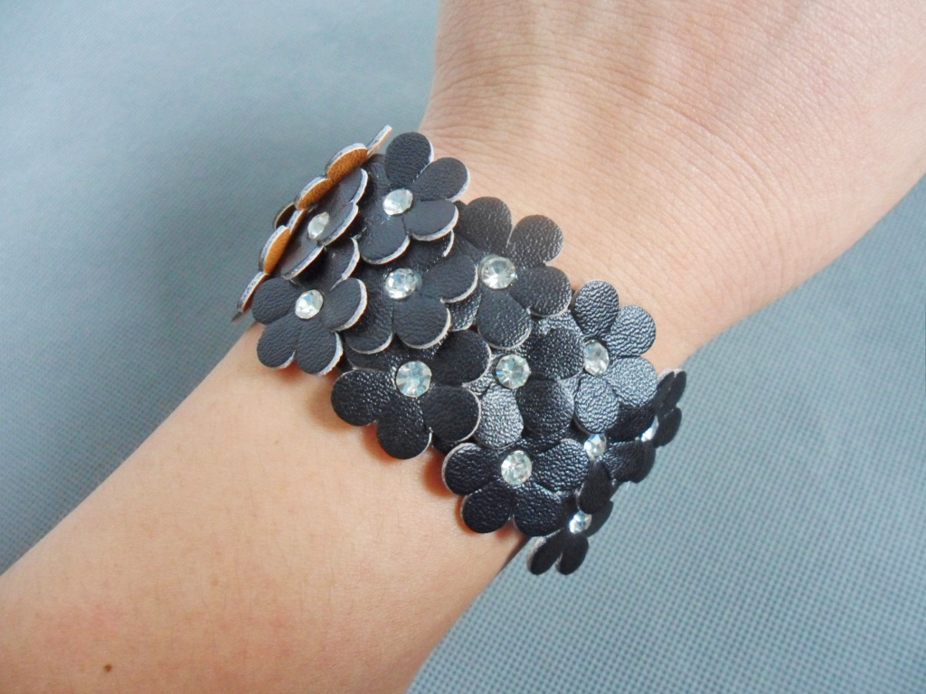 leather flower cuff Rhinestone bracelet, studded snapfastener bracelet