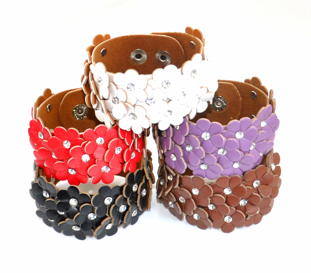 leather flower cuff Rhinestone bracelet, studded snapfastener bracelet