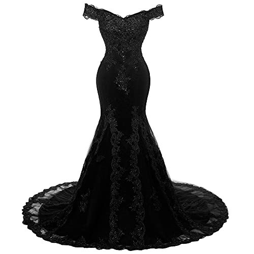 Kivary Shoulder Mermaid Long Lace Beaded Prom Dress Corset Evening Gowns 12 Blac
