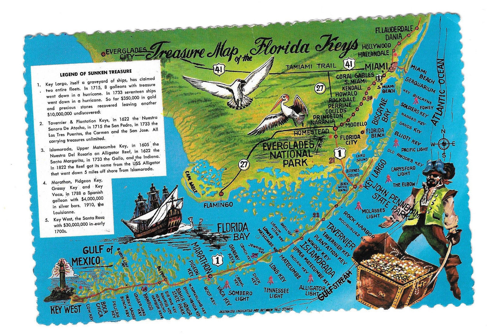 Florida Keys Treasure Map Pirate Vtg Postcard 4X6 - Florida