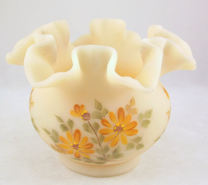 Vintage Fenton satin custard glass ruffled vase bowl artist signed Fenton