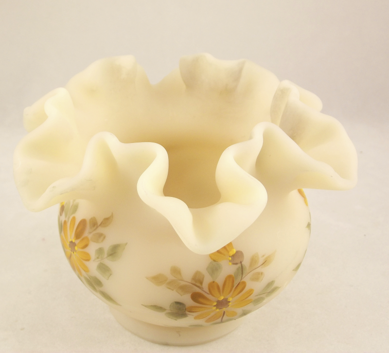 Vintage Fenton satin custard glass ruffled vase bowl artist signed Fenton