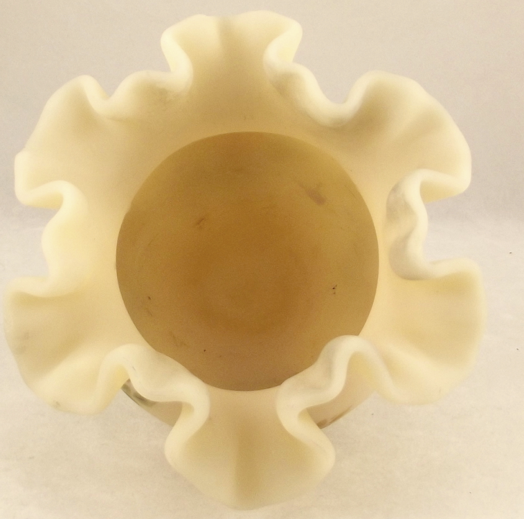 Vintage Fenton satin custard glass ruffled vase bowl artist signed Fenton
