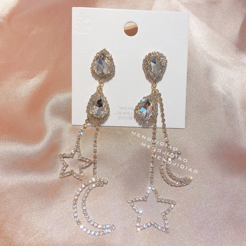 MENGJIQIAO Korean Elegant Moon Star Rhinestone Tassel Drop Earrings For Women Fa
