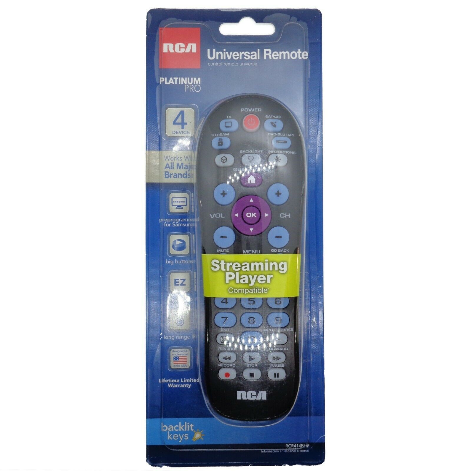 RCA RCR414BHE Platinum Pro 4 Device Universal Remote Control, Backlit