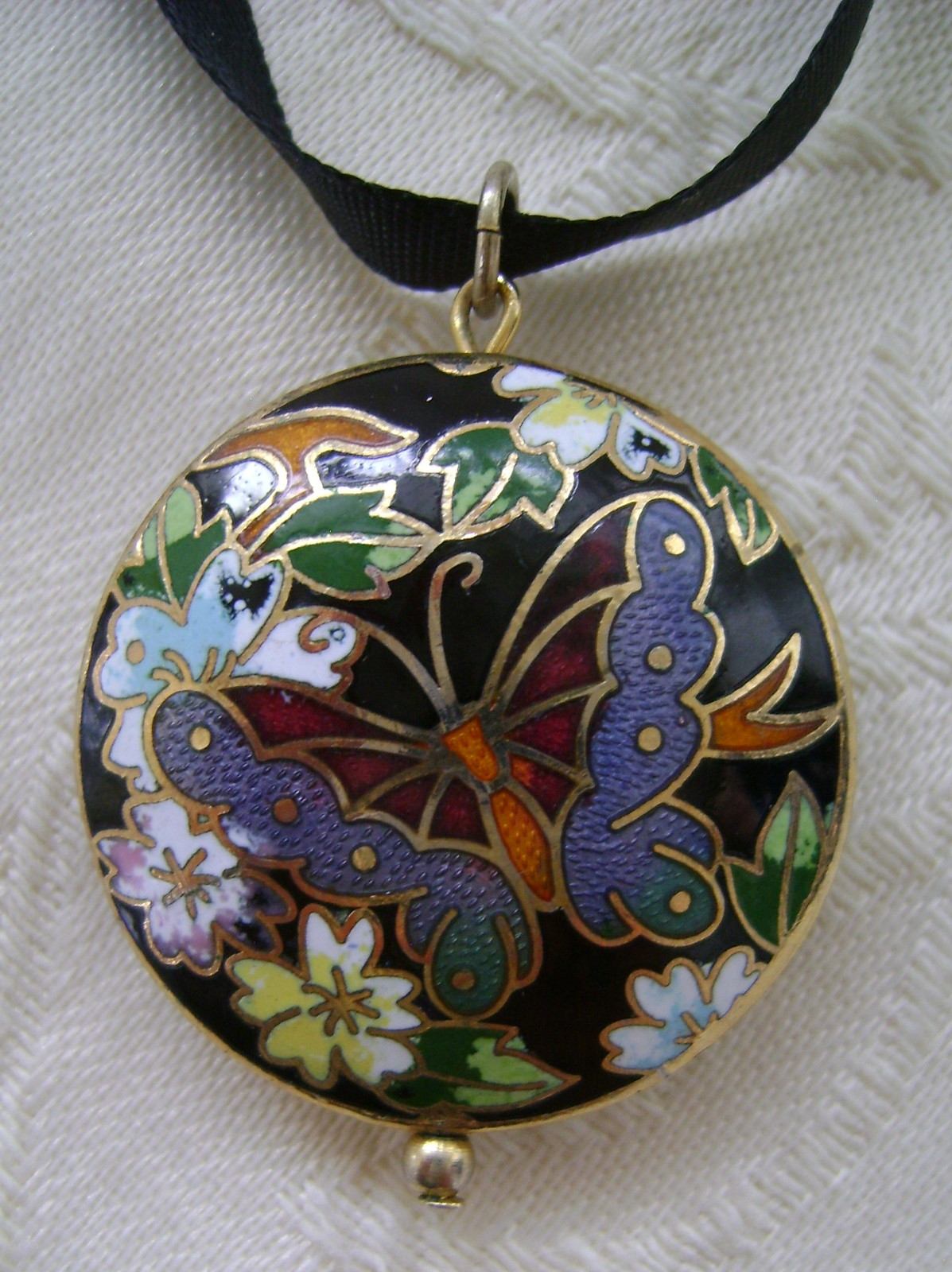 Pendant Cloisonne Butterfly With Flowers Against Black Background