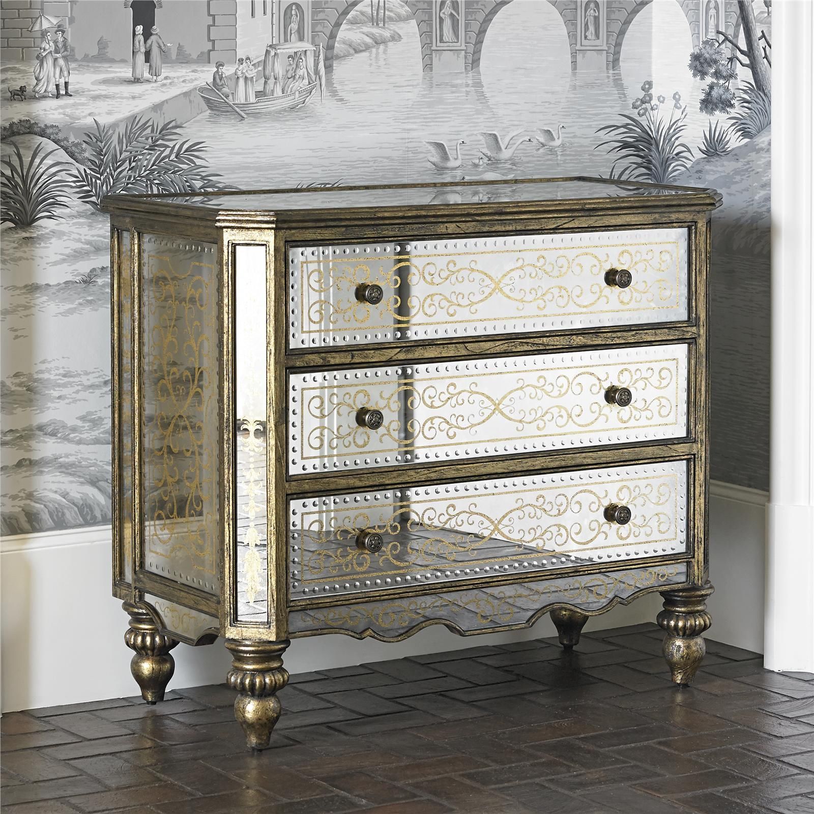 Mirrored Accent Eglomise Golden Chest,3 Drawers Dressers & Chests of