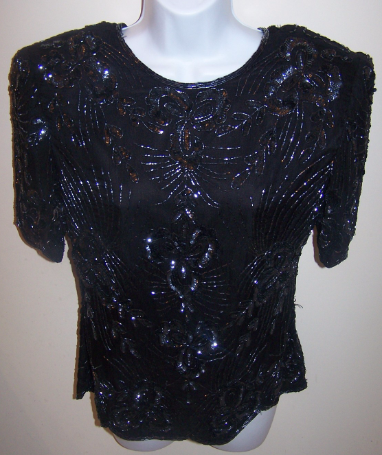 Stenay women's blouse small black vintage Evening sequin beaded short