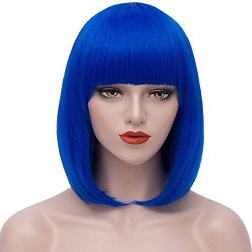 Blue Bob Wig Short Straight Hair Wigs for Women Cosplay Wig with Bangs ...