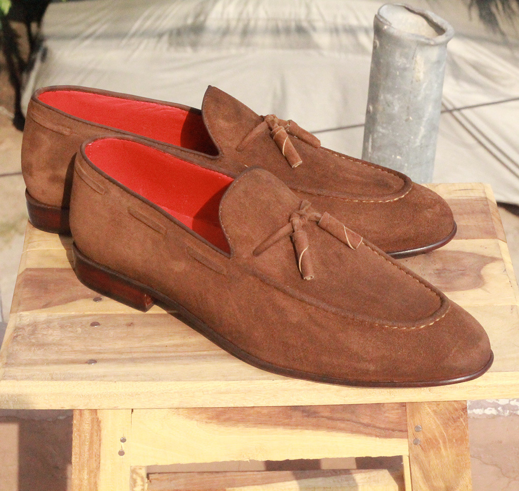 Men's Handmade Suede Loafer Dress Shoes, Men's Brown Tassel Moccasin Shoes