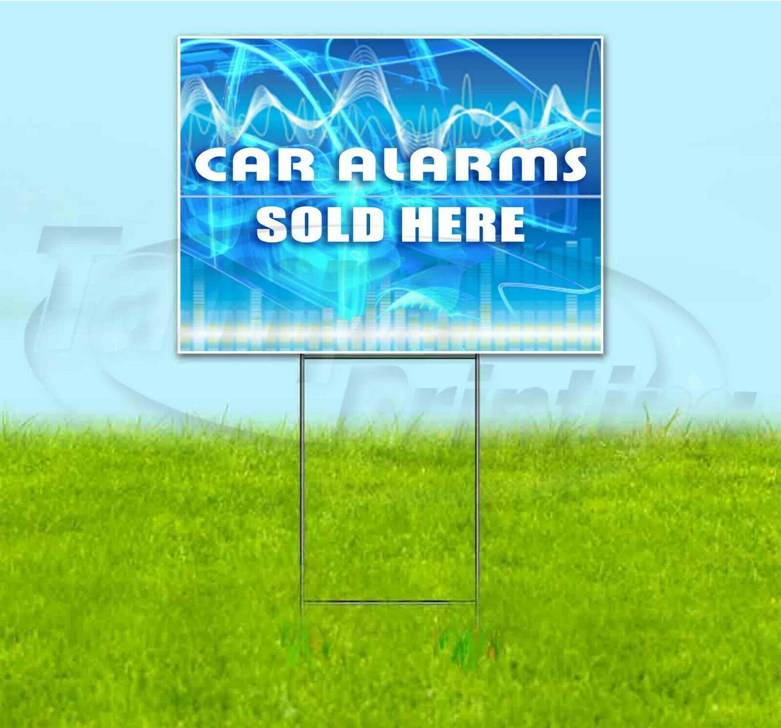 CAR ALARMS SOLD HERE 18x24 Yard Sign WITH STAKE Corrugated Plastic