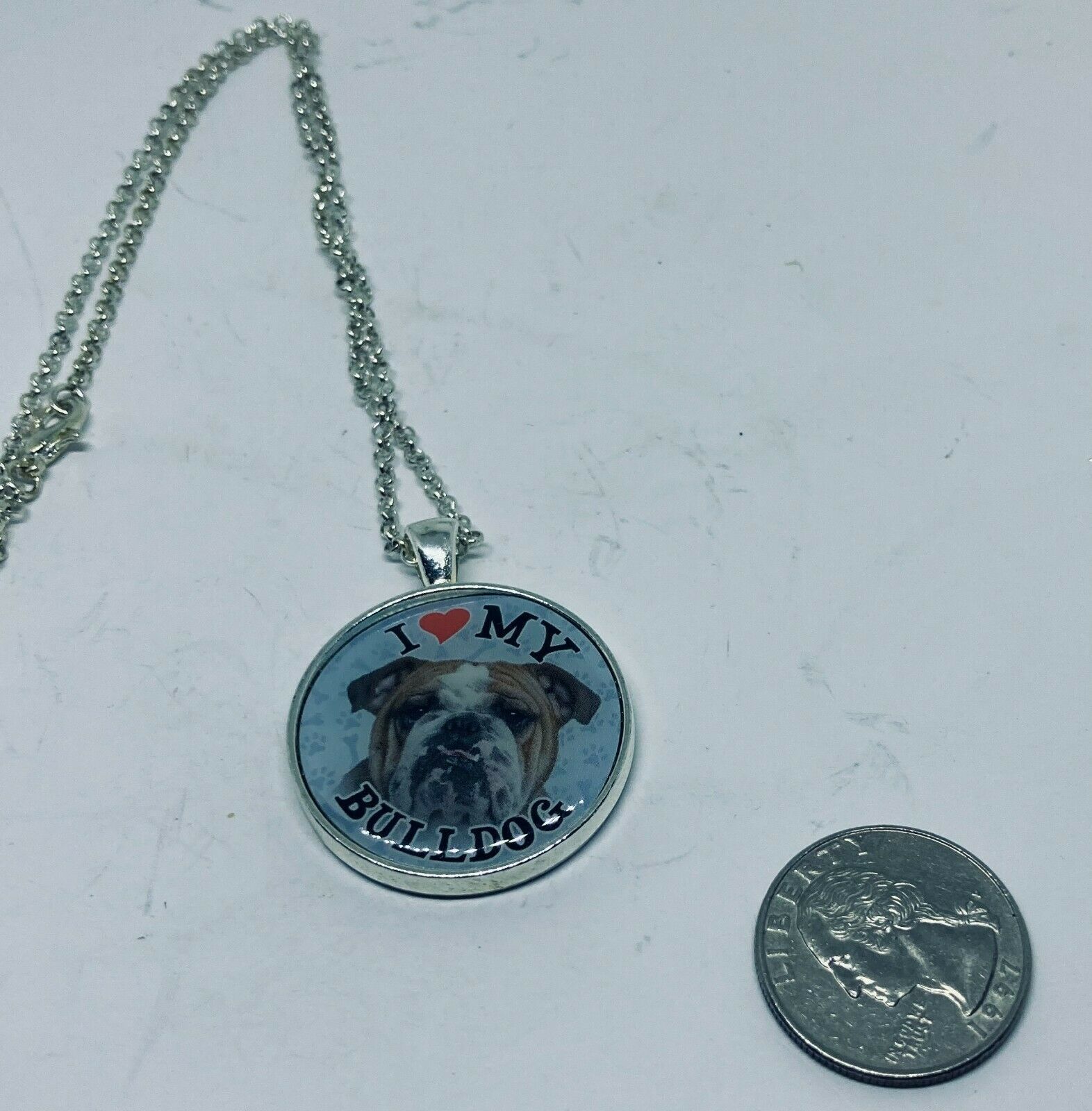 I Love My Bulldog 18 Shiny Silver Loop Necklace With Antique Bezel