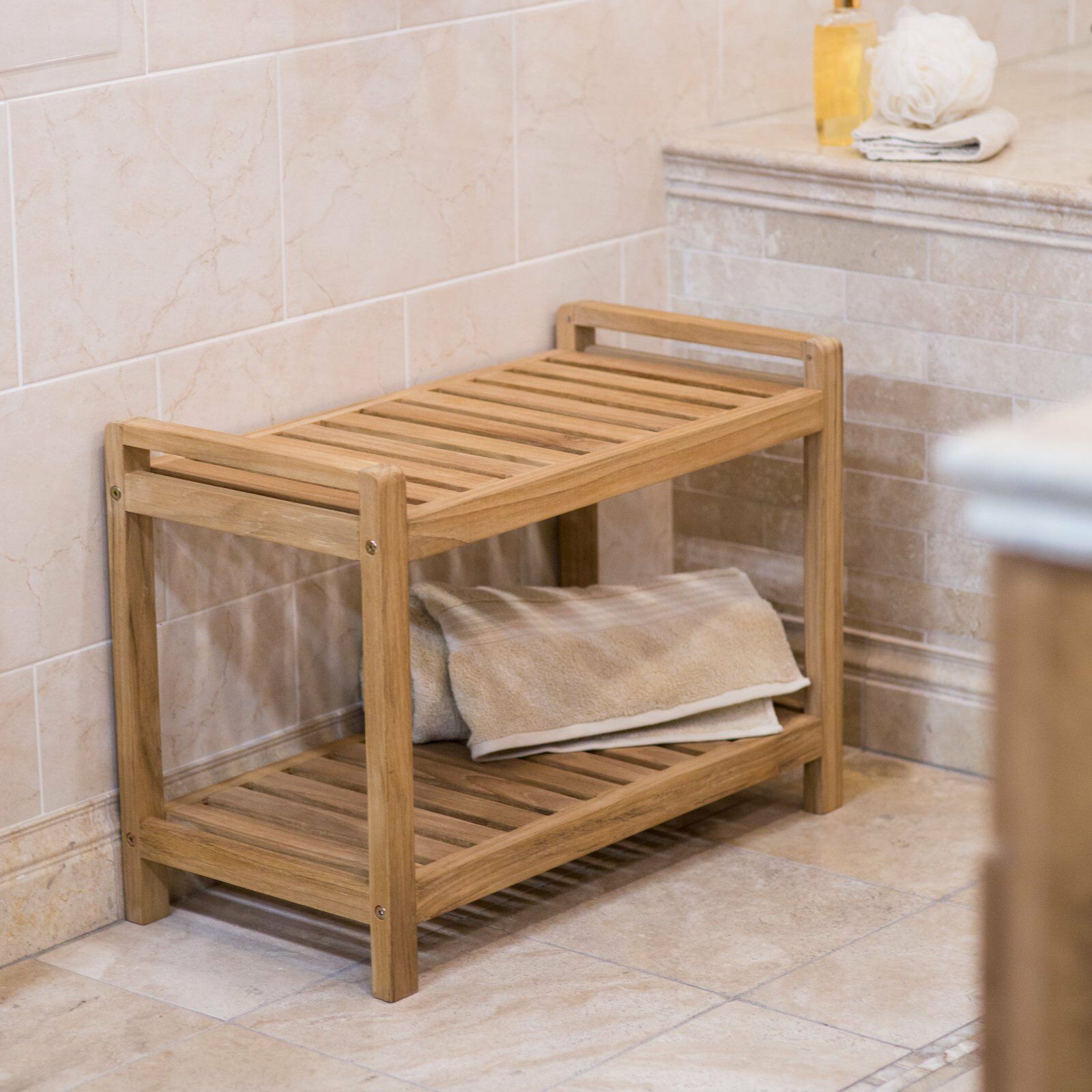 Premium Solid Teak Wood 2 Tier Shower Bench Mildew Resistant Natural ...