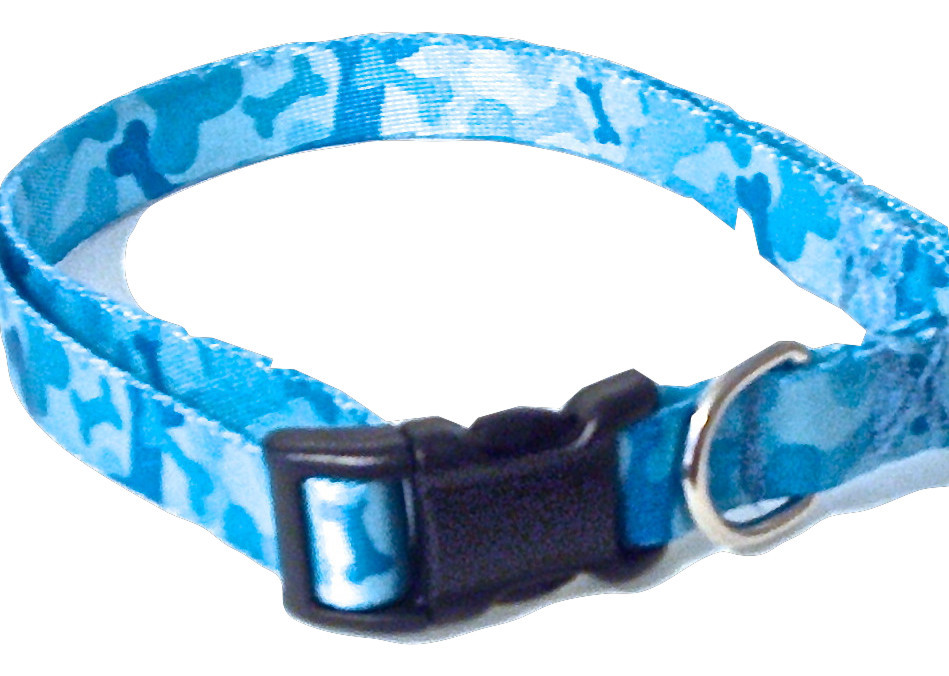 Dog Collar Blue Dog Bones Camo Camouflage 5/8 inch Wide Poly bing Size Medium Collars