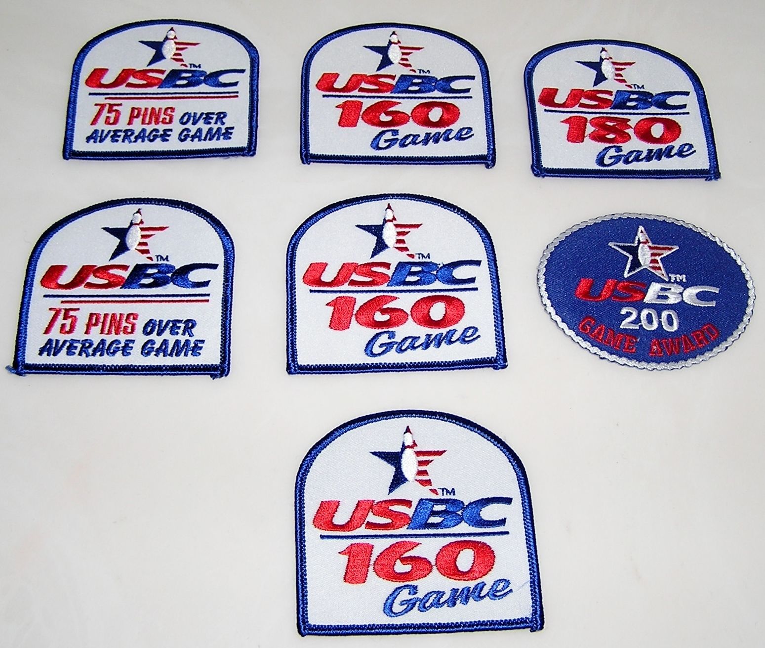 Usbc Bowling Lot Of 7 Award Patches 200 Game 160 180 Game 75 Pins Over Average Other