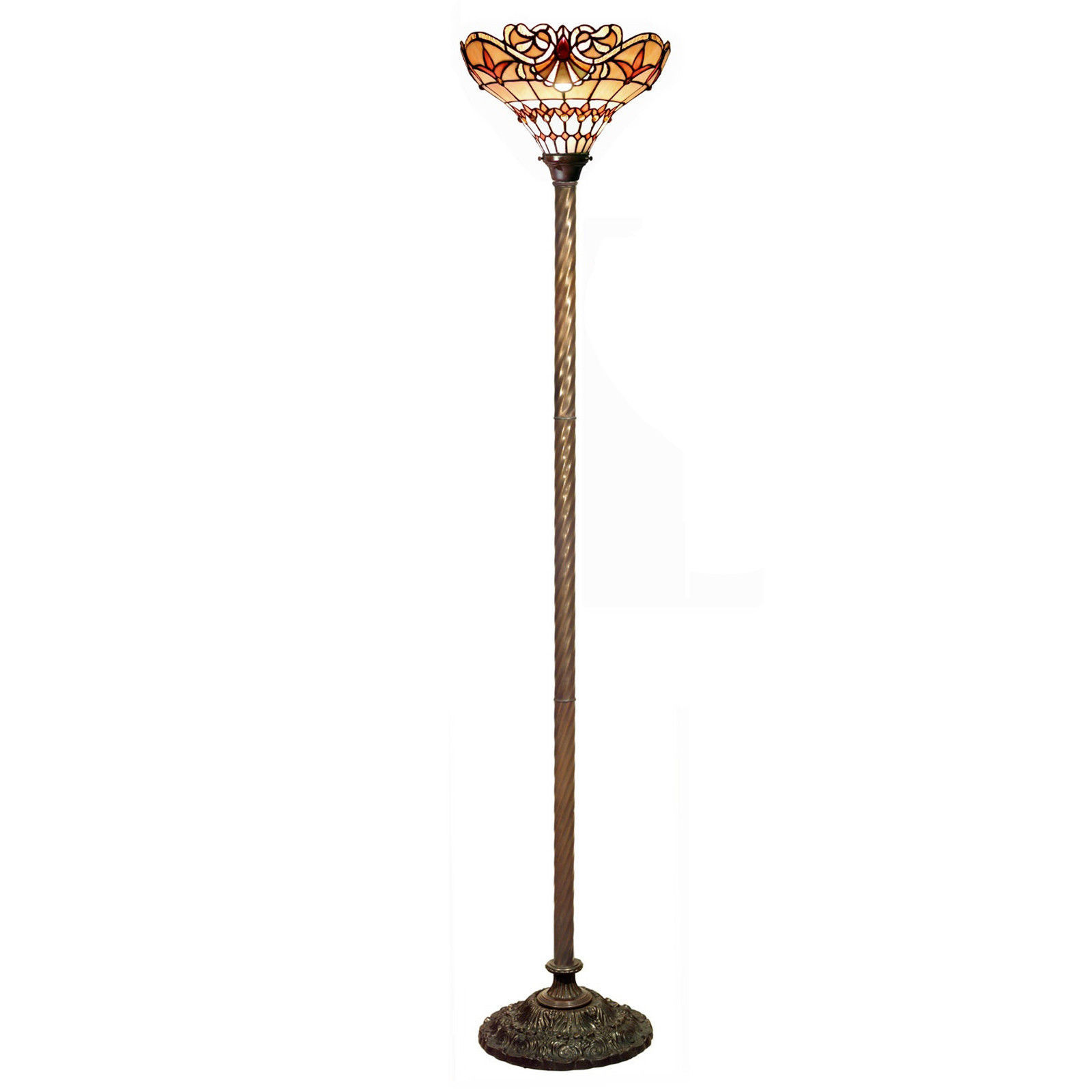 Torch Floor Lamp Tiffany Style Stained Glass Scroll Bronze F. Metal ...