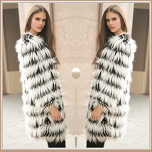 Hairy Shaggy Black and White Long Hair Full Sleeve O Neck Long Faux Fur Coat