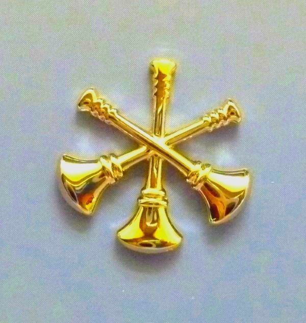 Assistant Fire Chief Collar Pin Device 3 Crossed Bugles 2 Piece Set