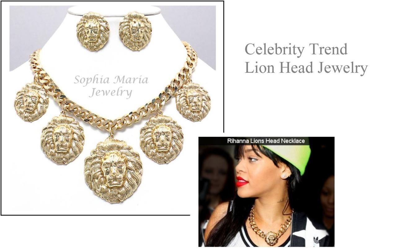 Primary image for Lion head necklace set gold tone statement jewelry chunky dangle charm