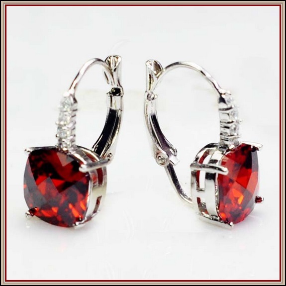 Ruby Red Gemstone Prong Set 18k White Gold with Crystals Drop Pierced Earrings