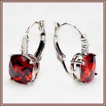 Ruby Red Gemstone Prong Set 18k White Gold with Crystals Drop Pierced Earrings 